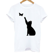 Load image into Gallery viewer, 2019 Women T-shirt Cartoon Cat Catching Butterfly Print Female Tshirt Casual Funny Short Sleeve Tops Tees T Shirt Women Clothing