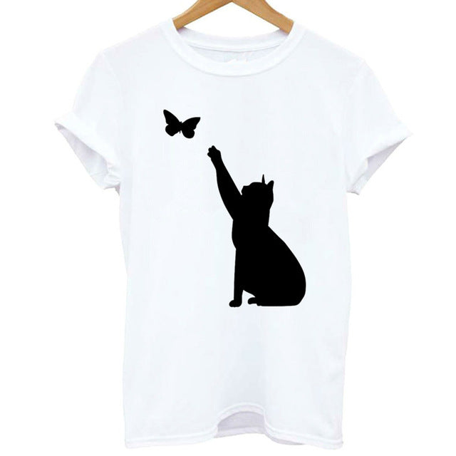 2019 Women T-shirt Cartoon Cat Catching Butterfly Print Female Tshirt Casual Funny Short Sleeve Tops Tees T Shirt Women Clothing