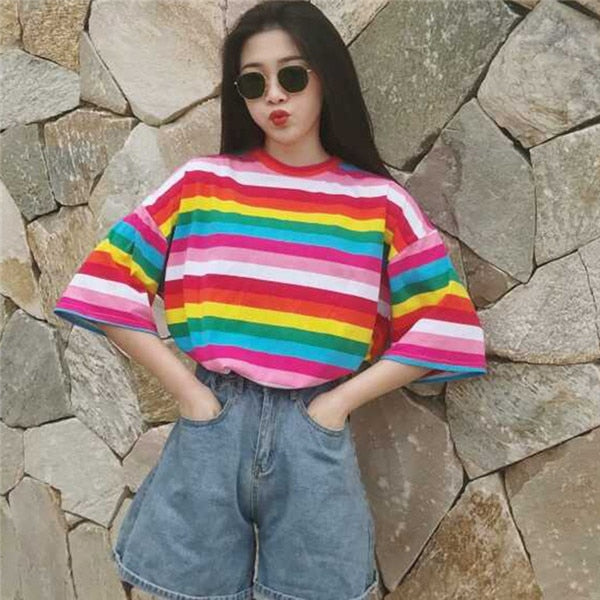 New T Shirt Women Rainbow Striped Tops Harajuku Tshirt 2019 Summer Short Sleeve Korean Punk T-shirt camiseta feminina