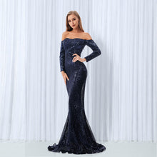 Load image into Gallery viewer, Sequined Off The Shoulder Maxi Dresses Champagne Gold Navy Blue Floor Length Party Dresses