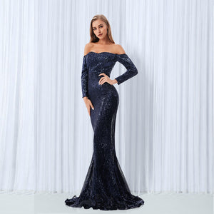 Sequined Off The Shoulder Maxi Dresses Champagne Gold Navy Blue Floor Length Party Dresses