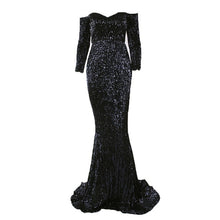 Load image into Gallery viewer, Sequined Off The Shoulder Maxi Dresses Champagne Gold Navy Blue Floor Length Party Dresses