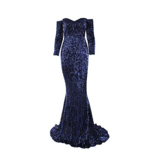 Load image into Gallery viewer, Sequined Off The Shoulder Maxi Dresses Champagne Gold Navy Blue Floor Length Party Dresses