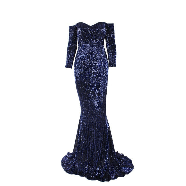 Sequined Off The Shoulder Maxi Dresses Champagne Gold Navy Blue Floor Length Party Dresses