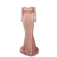 Load image into Gallery viewer, Sequined Off The Shoulder Maxi Dresses Champagne Gold Navy Blue Floor Length Party Dresses