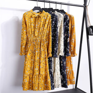 29 Colors Beautiful Fashion Spring Autumn Women Long Sleeve Dress Retro Collar Casual Slim Dresses Floral Printing Chiffon Sexy