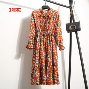 29 Colors Beautiful Fashion Spring Autumn Women Long Sleeve Dress Retro Collar Casual Slim Dresses Floral Printing Chiffon Sexy