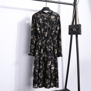 29 Colors Beautiful Fashion Spring Autumn Women Long Sleeve Dress Retro Collar Casual Slim Dresses Floral Printing Chiffon Sexy