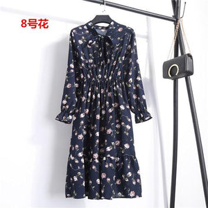 29 Colors Beautiful Fashion Spring Autumn Women Long Sleeve Dress Retro Collar Casual Slim Dresses Floral Printing Chiffon Sexy