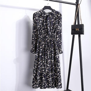 29 Colors Beautiful Fashion Spring Autumn Women Long Sleeve Dress Retro Collar Casual Slim Dresses Floral Printing Chiffon Sexy