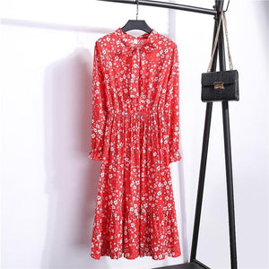 29 Colors Beautiful Fashion Spring Autumn Women Long Sleeve Dress Retro Collar Casual Slim Dresses Floral Printing Chiffon Sexy