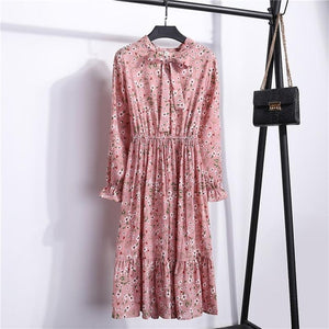 29 Colors Beautiful Fashion Spring Autumn Women Long Sleeve Dress Retro Collar Casual Slim Dresses Floral Printing Chiffon Sexy