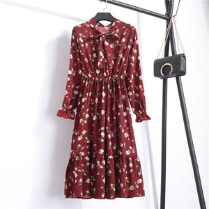 29 Colors Beautiful Fashion Spring Autumn Women Long Sleeve Dress Retro Collar Casual Slim Dresses Floral Printing Chiffon Sexy