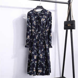 29 Colors Beautiful Fashion Spring Autumn Women Long Sleeve Dress Retro Collar Casual Slim Dresses Floral Printing Chiffon Sexy