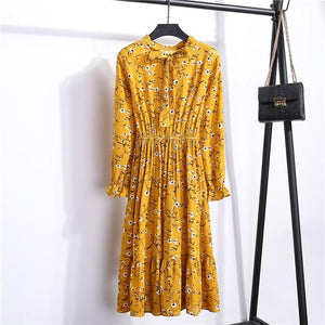 29 Colors Beautiful Fashion Spring Autumn Women Long Sleeve Dress Retro Collar Casual Slim Dresses Floral Printing Chiffon Sexy