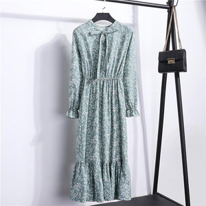 29 Colors Beautiful Fashion Spring Autumn Women Long Sleeve Dress Retro Collar Casual Slim Dresses Floral Printing Chiffon Sexy