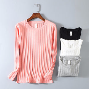 KT01 Spring Ribbed Striped Elastic T Shirt Women Top Casual Long Sleeve Shirt Cotton T-Shirts Tops Knitted Blusas Plus Size