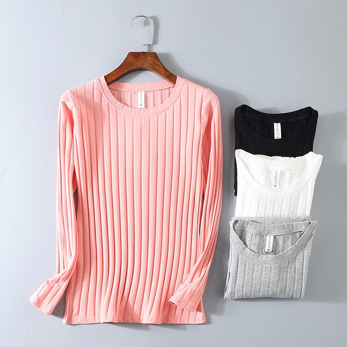 KT01 Spring Ribbed Striped Elastic T Shirt Women Top Casual Long Sleeve Shirt Cotton T-Shirts Tops Knitted Blusas Plus Size