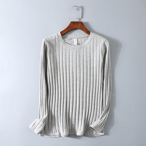 KT01 Spring Ribbed Striped Elastic T Shirt Women Top Casual Long Sleeve Shirt Cotton T-Shirts Tops Knitted Blusas Plus Size