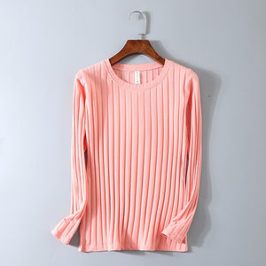 KT01 Spring Ribbed Striped Elastic T Shirt Women Top Casual Long Sleeve Shirt Cotton T-Shirts Tops Knitted Blusas Plus Size