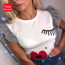 Load image into Gallery viewer, Vana Javeasen  Women Ruffle Fashion T-Shirt Eyelashes Red Lips Print Tees O-Neck Butterfly Sleeve Woman&#39;s Clothes Simple Tops