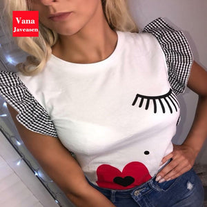 Vana Javeasen  Women Ruffle Fashion T-Shirt Eyelashes Red Lips Print Tees O-Neck Butterfly Sleeve Woman's Clothes Simple Tops