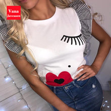 Load image into Gallery viewer, Vana Javeasen  Women Ruffle Fashion T-Shirt Eyelashes Red Lips Print Tees O-Neck Butterfly Sleeve Woman&#39;s Clothes Simple Tops