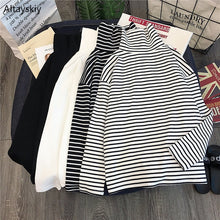 Load image into Gallery viewer, T-shirts Women Long Sleeve Loose Striped Solid Turtleneck Womens T-shirt All-match Simple Leisure Korean Style Trendy Chic Soft