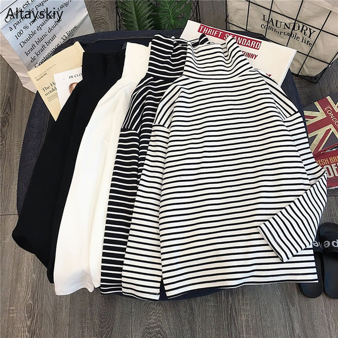 T-shirts Women Long Sleeve Loose Striped Solid Turtleneck Womens T-shirt All-match Simple Leisure Korean Style Trendy Chic Soft