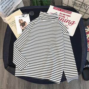 T-shirts Women Long Sleeve Loose Striped Solid Turtleneck Womens T-shirt All-match Simple Leisure Korean Style Trendy Chic Soft