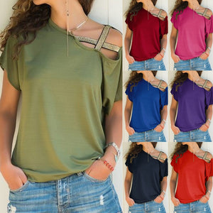 Women Skew Neck T-Shirt Summer Irregular Criss Cross Short Sleeves Sexy Off Shoulder Solid Tops Blusa Femme One Shoulder Shirt