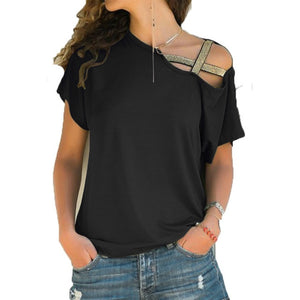 Women Skew Neck T-Shirt Summer Irregular Criss Cross Short Sleeves Sexy Off Shoulder Solid Tops Blusa Femme One Shoulder Shirt