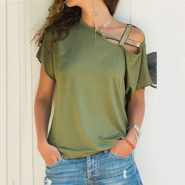 Women Skew Neck T-Shirt Summer Irregular Criss Cross Short Sleeves Sexy Off Shoulder Solid Tops Blusa Femme One Shoulder Shirt