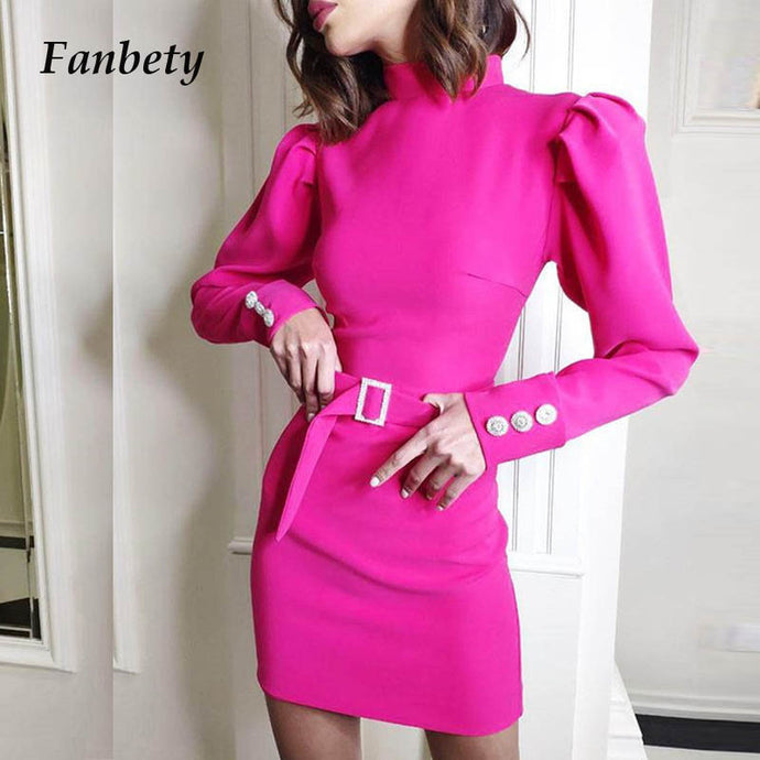 Fanbety New Autumn Puff shoulder long sleeve dress women Turtleneck solid belt mini dress Lady back zipper bodycon party dresses