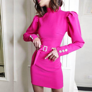 Fanbety New Autumn Puff shoulder long sleeve dress women Turtleneck solid belt mini dress Lady back zipper bodycon party dresses