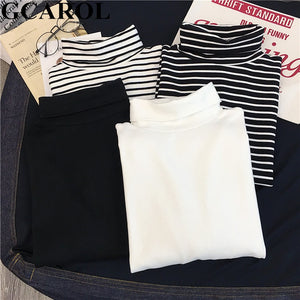 GCAROL Women T-shirt Turtleneck Striped Full Sleeve Stretch Tops Basic Drop Shoulder Undershirt Basic Perfect Pullover M-XL