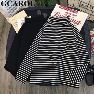 GCAROL Women T-shirt Turtleneck Striped Full Sleeve Stretch Tops Basic Drop Shoulder Undershirt Basic Perfect Pullover M-XL