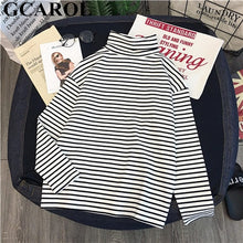 Load image into Gallery viewer, GCAROL Women T-shirt Turtleneck Striped Full Sleeve Stretch Tops Basic Drop Shoulder Undershirt Basic Perfect Pullover M-XL