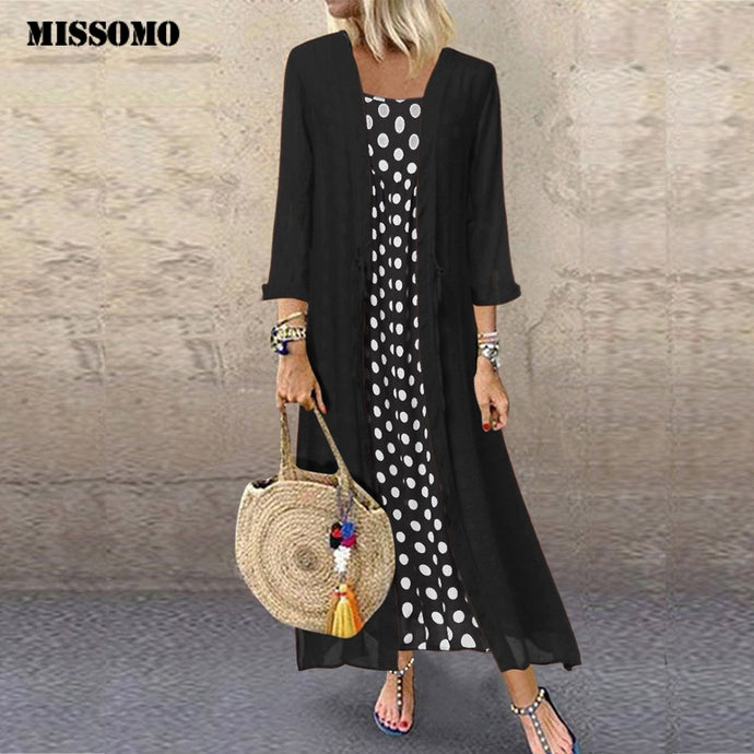 MISSOMO Plus Size 5XL Dress Women Vintage Boho O-Neck Dot Print Lace Two-piece long maxi dress women clothes girls vestidos 710