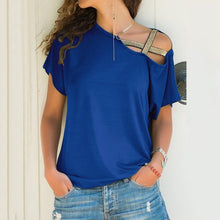 Load image into Gallery viewer, Women Skew Neck T-Shirt Summer Irregular Criss Cross Short Sleeves Sexy Off Shoulder Solid Tops Blusa Femme One Shoulder Shirt