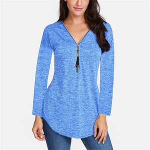 Spring New Women Long Sleeve V-neck Tassel Zipper Tshirt  Female Blusas Casual Shirt Cotton Plus Size T-shirt 5XL