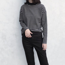 Load image into Gallery viewer, Women Harajuku T Shirt Korean Style Crop Top Turtleneck Long Sleeved Striped Tops Female T Shirt Casual Summer Tops