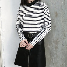 Load image into Gallery viewer, Women Harajuku T Shirt Korean Style Crop Top Turtleneck Long Sleeved Striped Tops Female T Shirt Casual Summer Tops