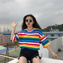 Load image into Gallery viewer, New  Rainbow Striped Tops T Shirt Women Harajuku Tshirt 2018 Summer Short Sleeve Korean Punk camiseta feminina T8