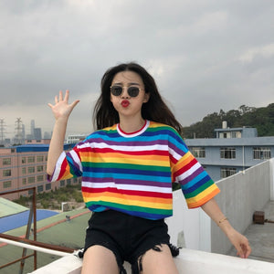 New  Rainbow Striped Tops T Shirt Women Harajuku Tshirt 2018 Summer Short Sleeve Korean Punk camiseta feminina T8