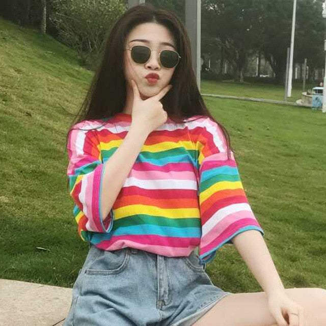 New  Rainbow Striped Tops T Shirt Women Harajuku Tshirt 2018 Summer Short Sleeve Korean Punk camiseta feminina T8