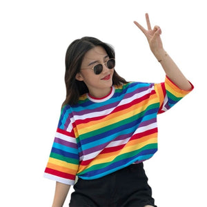 New  Rainbow Striped Tops T Shirt Women Harajuku Tshirt 2018 Summer Short Sleeve Korean Punk camiseta feminina T8