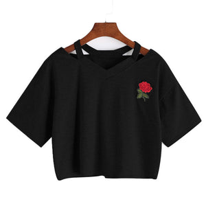 Women Short Floral T Shirt Summer Sexy Hollow Out Short Sleeve Casual Black White Crop Top Rose Embroidery T-shirt New