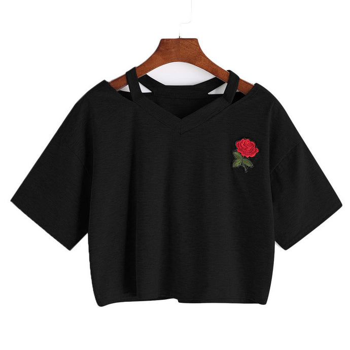 Women Short Floral T Shirt Summer Sexy Hollow Out Short Sleeve Casual Black White Crop Top Rose Embroidery T-shirt New