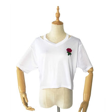 Load image into Gallery viewer, Women Short Floral T Shirt Summer Sexy Hollow Out Short Sleeve Casual Black White Crop Top Rose Embroidery T-shirt New